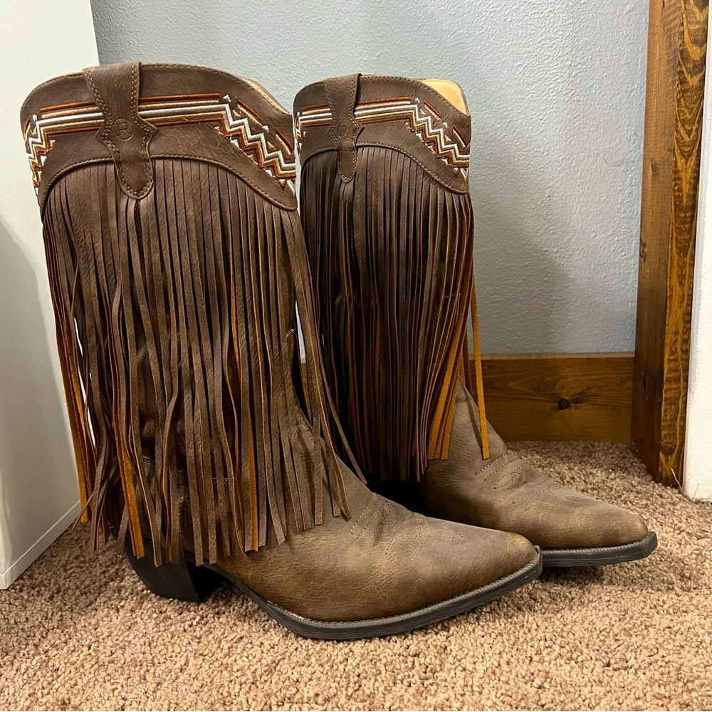 ROPER Womens Fringes Snip Toe Casual Boots Mid Calf Mid Heel 2-3" - Brown